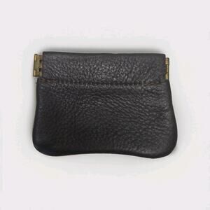 Vintage Black Leather Squeeze Coin Purse Change Pouch Key Holder Spring Frame